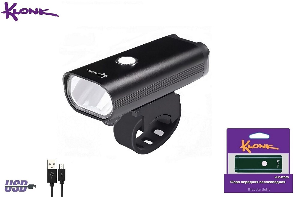 Фара передняя KLONK, 1 LED XPG, Алюм. корпус, влагозащ. IPX4, 3 режима работы, USB кабель, KLK-22003