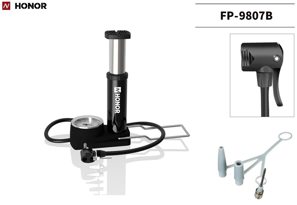 Насос ножной HONOR, с манометром (2,5"), ⌀45 мм, Мax 85psi (6 бар), A/V, F/V, FP-9807B
