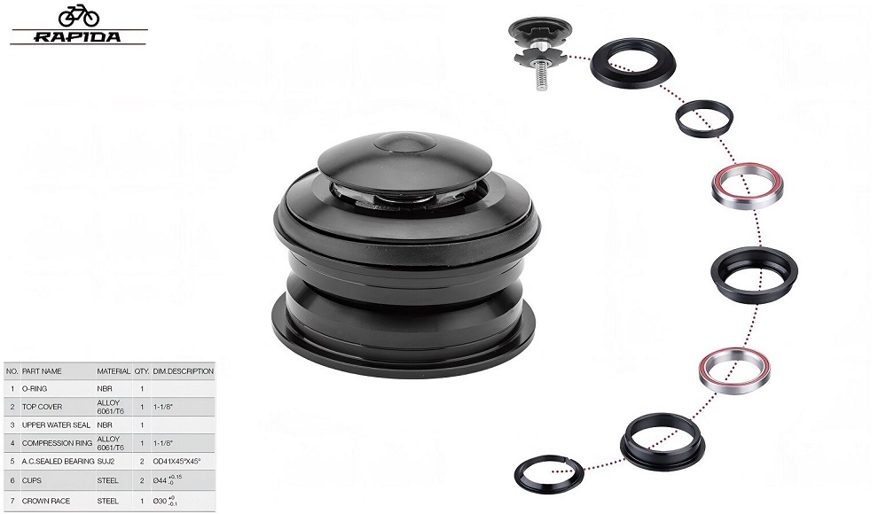 Колонка рулевая 1-1/8", полуинтегрированная, ZS 44/30, промподшип. 41.0мм 45°x45°, выс.11.5мм.
