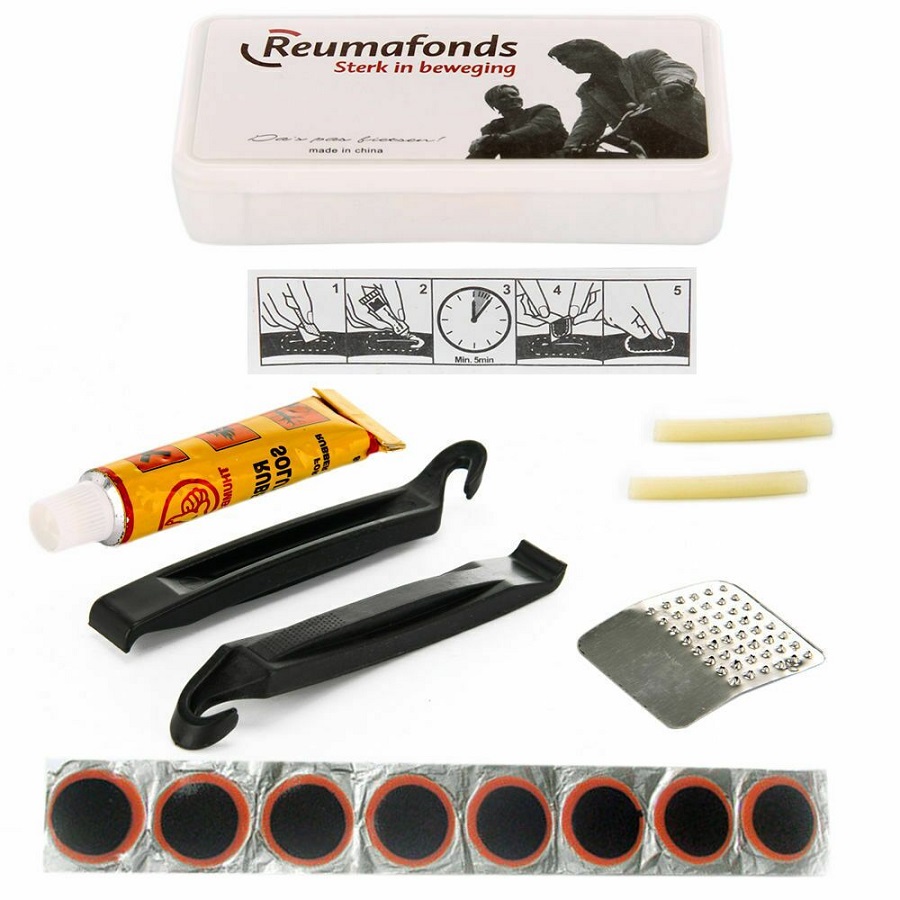 Аптечка (8 заплаток, шкурка, клей, 2 монтажки) в пластковом боксе, GJ-015-1