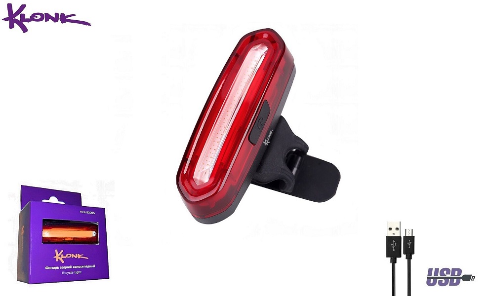 Фонарь задний KLONK, аккум. 600 mAh, LiPo 3,7 V, USB кабель, влагозащ. IPX4, 6 реж. раб., KLK-22005